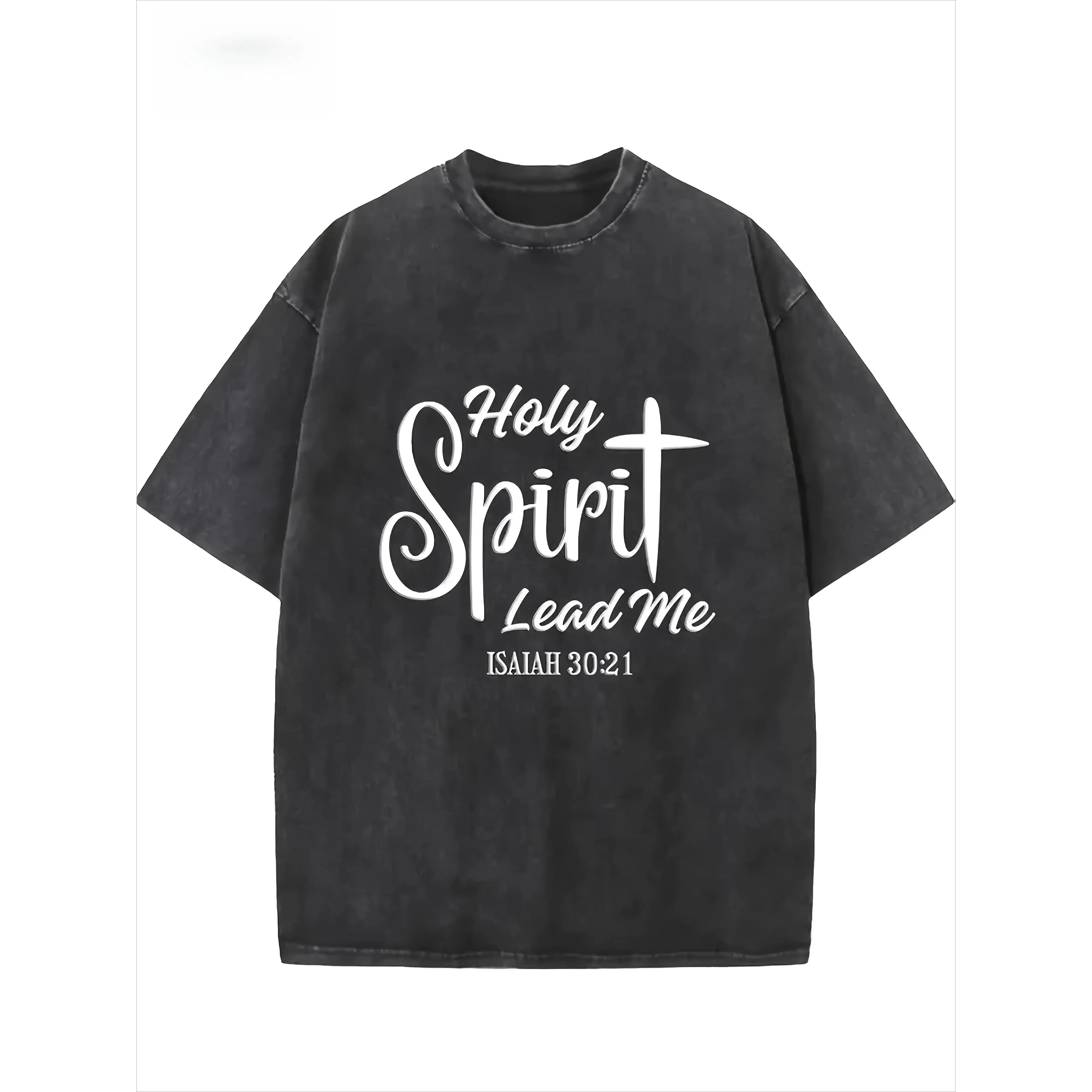 

Religious Christian T-Shirt, Holy Spirit Lead Me Isaiah 30:21 Print Tee, Oversized Washed Vintage Style, Faith Streetwear