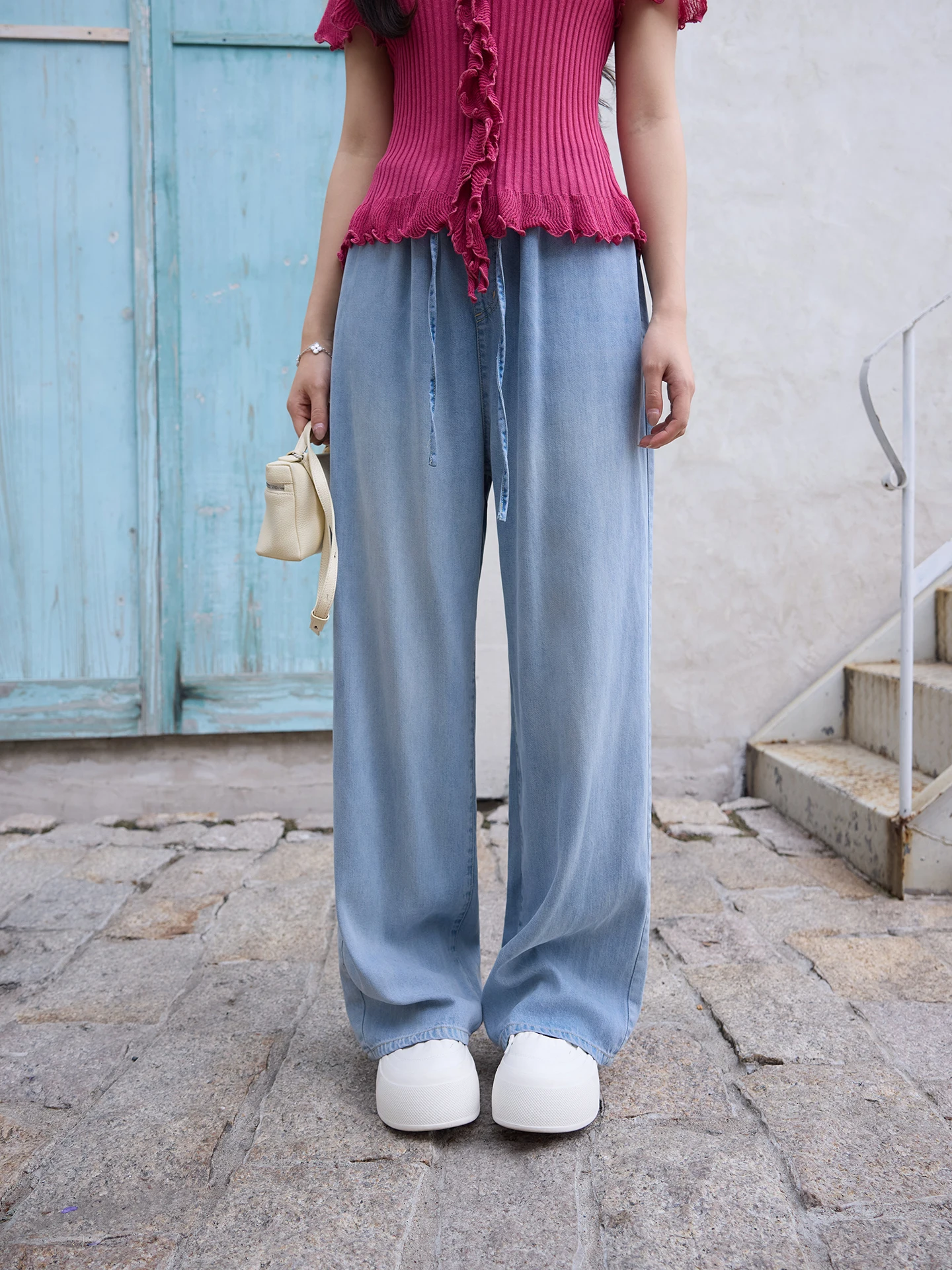 

Mei Yang Family Jeans Straight Leg Linen Thin Fashionable Blue Jeans High Waist Drawstring Closure Spring Summer Ladies Jeans