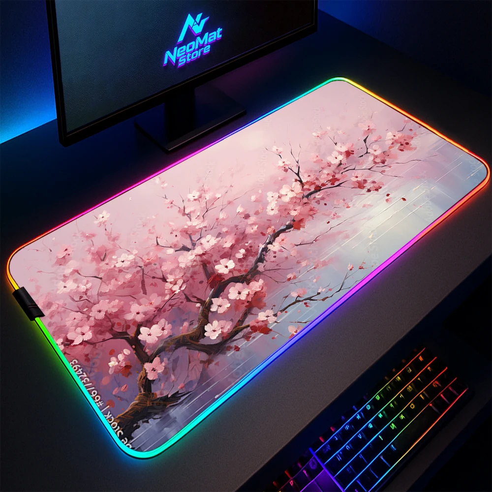 

Коврик для мыши Rgb Cherry Blossom с подсветкой, розовый коврик для мыши Sakura, японский большой коврик для мыши, геймерский коврик с подсветкой, светодиодные игровые коврики