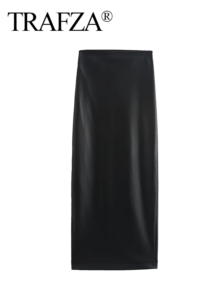 TRAFZA Women's Fashion Black Sexy High Waist Hem Slit Zipper Design Faux Leather Skirt Female Elegant Slim Fit Mid Calf Skirt