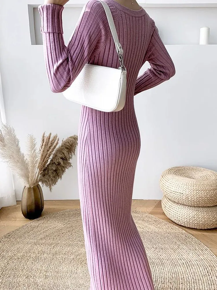 Spring Soft Knitwear Dress V-neck Slim Long Knitted Vestidos Solid Color Woman Knit Dresses Korean Elegant New Sweater Pullover