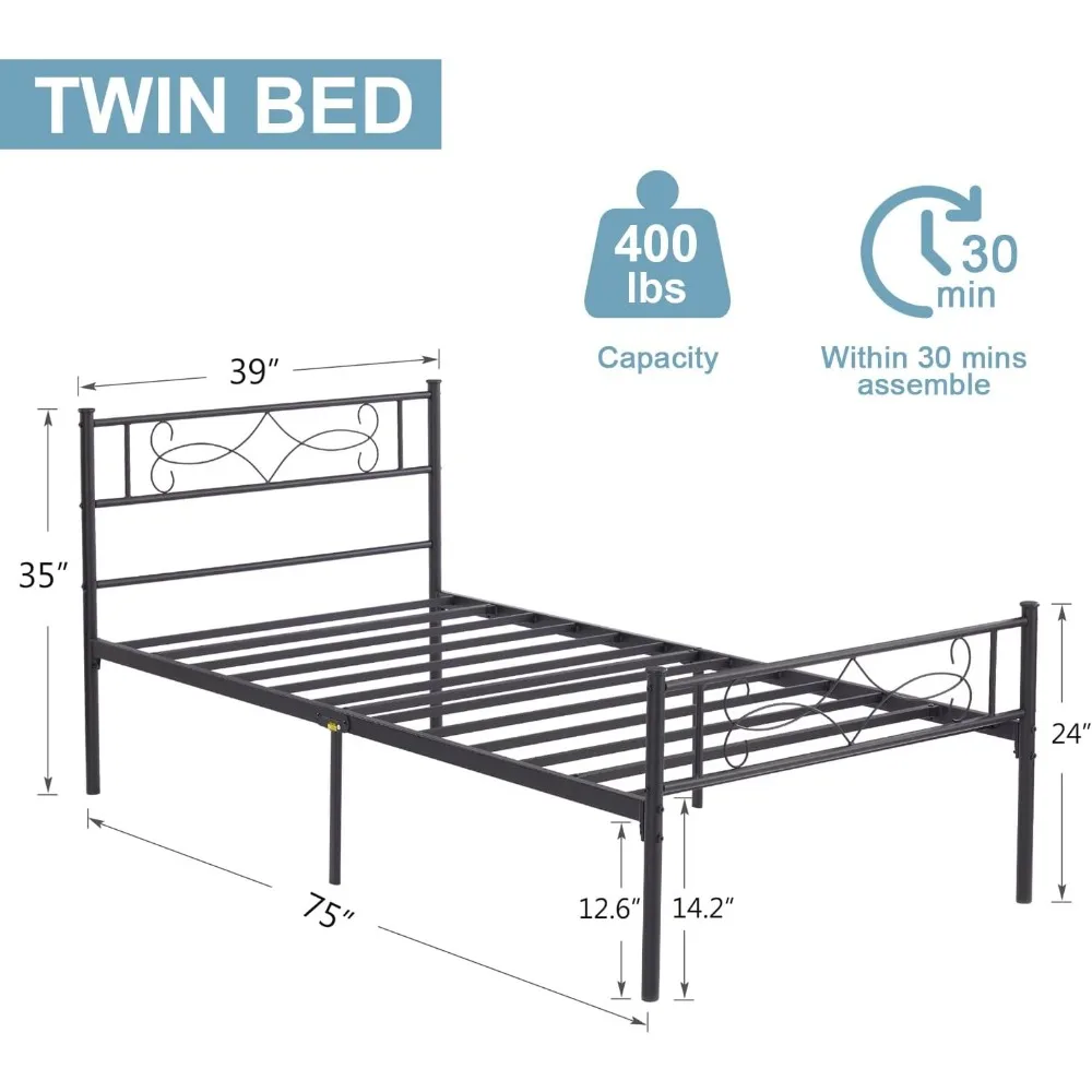 Twin Size Metal Platform Bed Frame with Headboard for Kids,Premium Steel Slat Support No Box Spring Needed,Noise-Free Anti-Slip