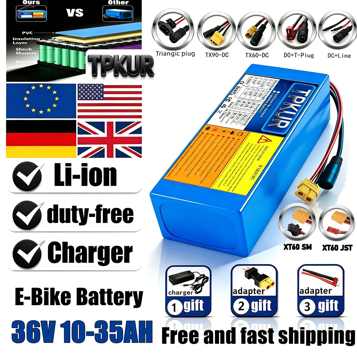Batterie au lithium haute capacité 18650 36V 20Ah 12AH 16AH 26AH 10S6P, grande capacité, adaptée pour 48V 250-1500W, BMS intégré