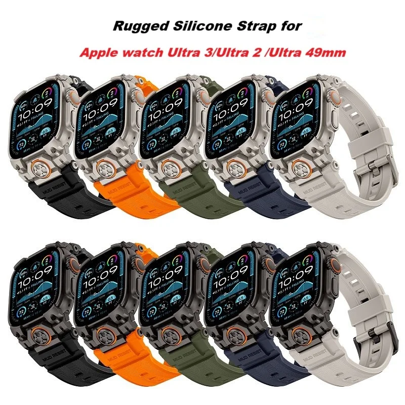 

Rugged Bands for Apple Watch Ultra 3/2/1 Band 49mm Silicone Sport Strap with Stainless Steel Connector for iWatch Ultra Correa