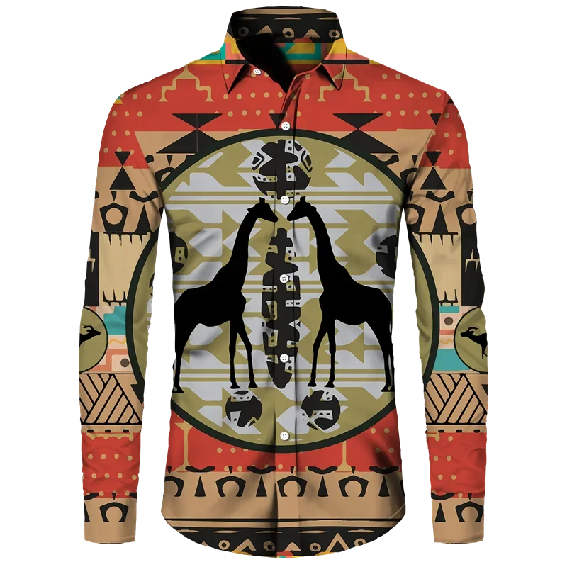 New Men\'s Button Shirt Dashiki African Print Long Sleeve Shirts Tops Traditional Couple Clothes Hip Hop Ethnic Style Streetwear