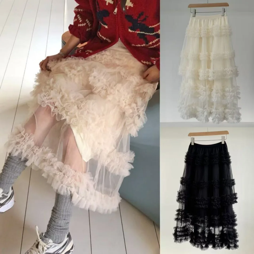 Coreano sle doce suave aosphere madeira ain emenda net saia versátil f corpo saia na moda cintura alta saia longa