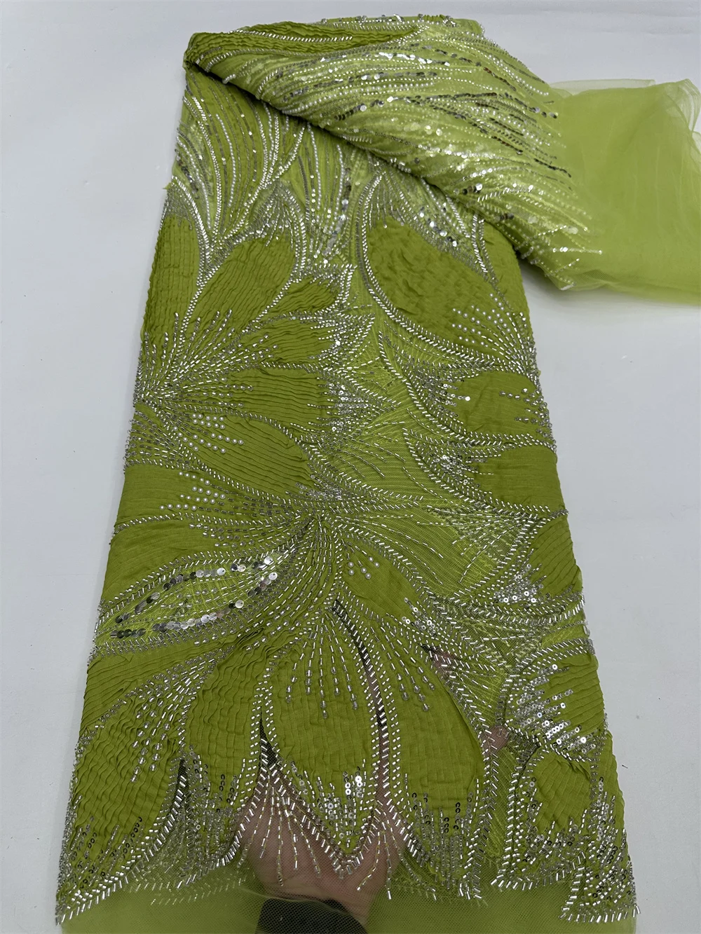 

2025 African Nigeria 3D lace fabric High Quality Beads Lace Sequins Tulle Lace Fabric Embroidery Wedding Party Dress Women 5Yard