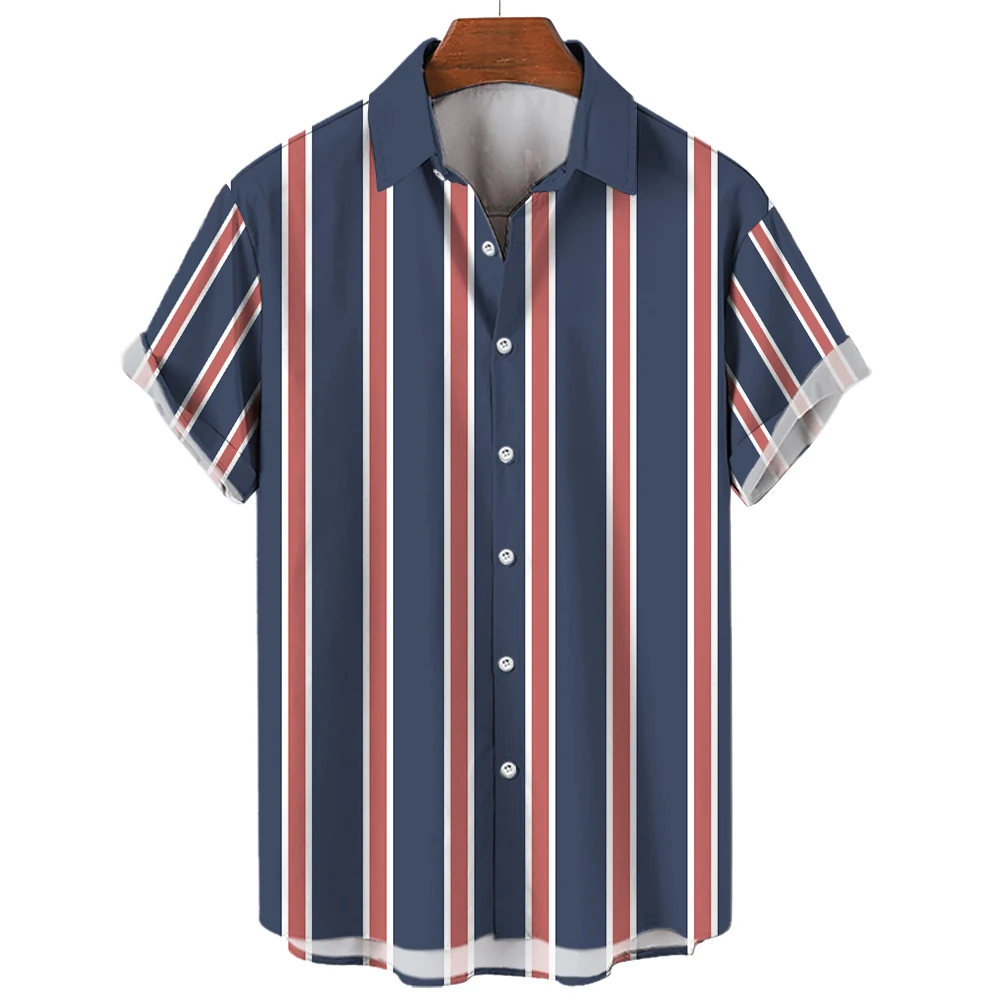 Camisa casual listrada masculina, estampa havaiana, moda praia de manga curta, moda social, botão de lapela, roupas grandes, verão