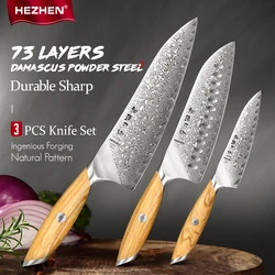 HEZHEN 3PC Knife Set 73 Layers Damascus Steel Chef Cook Knife 14Cr14MovNb Steel Core Sharp Kitchen Knife Gift Box