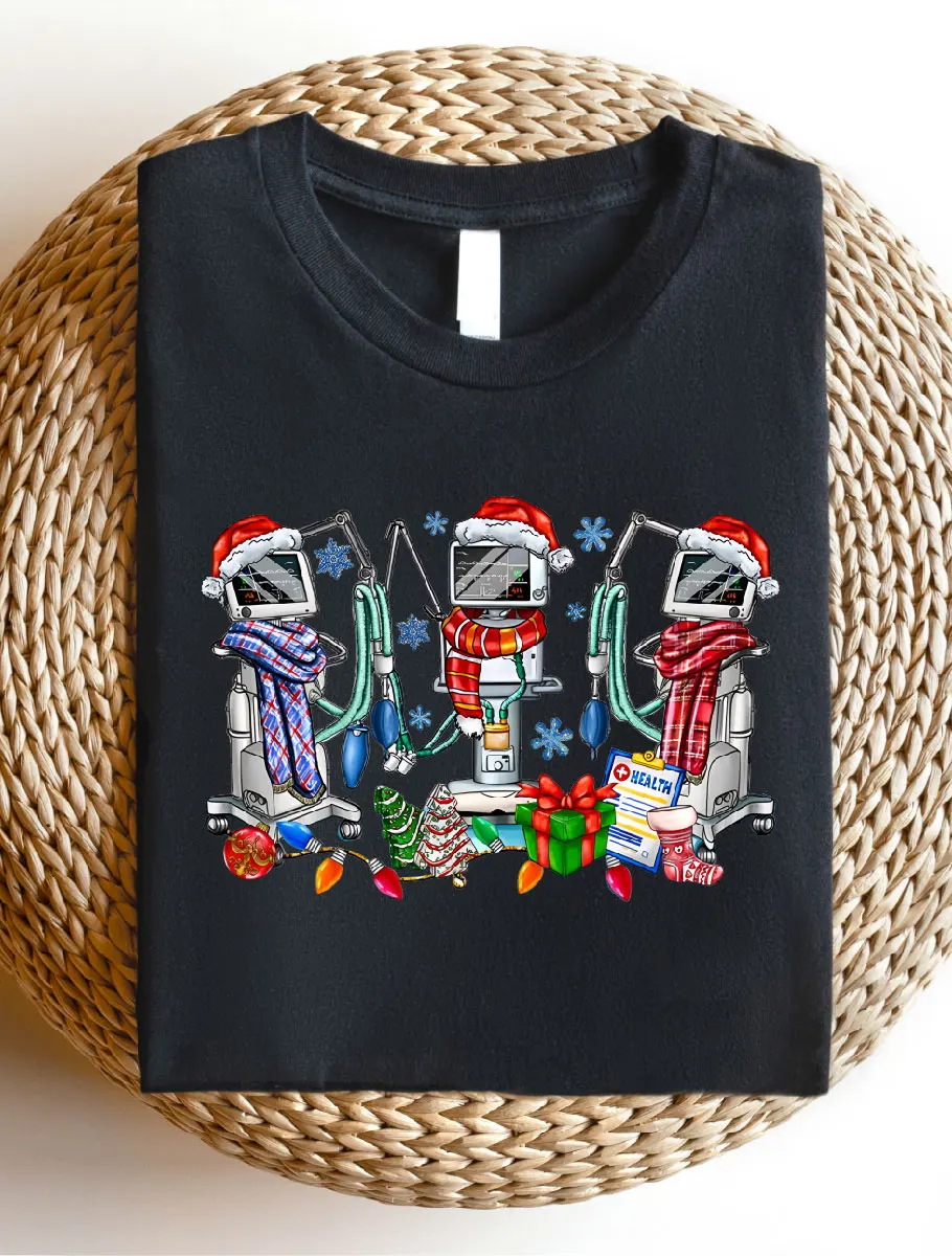 

Рождественская рубашка респираторного терапевта с вентилятором, рождественская футболка RT, идея подарка, футболка с короткими рукавами для медсестры ICU, блок для респираторной помощи