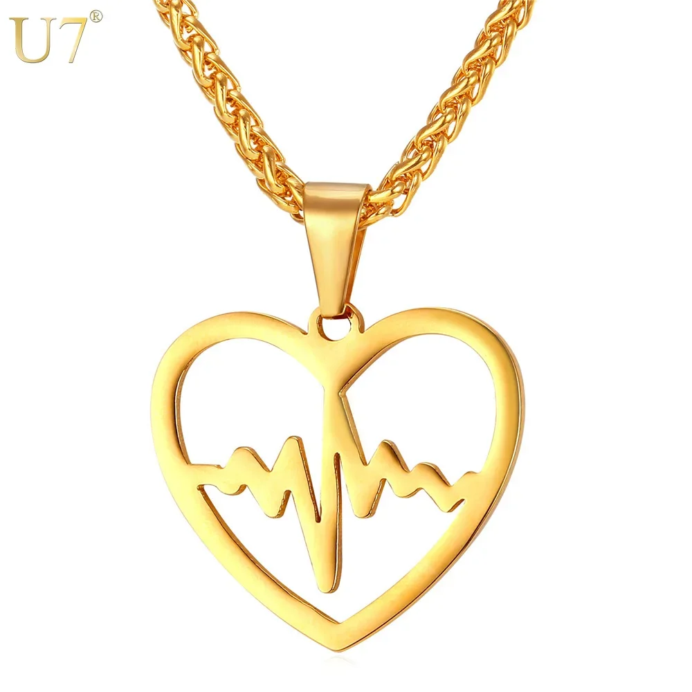 U7 Heartbeat Heart Necklace for Women Gold Color Stainless Steel Heart Rate Electrocardiogram Pattern Lover Jewelry Gift QC24