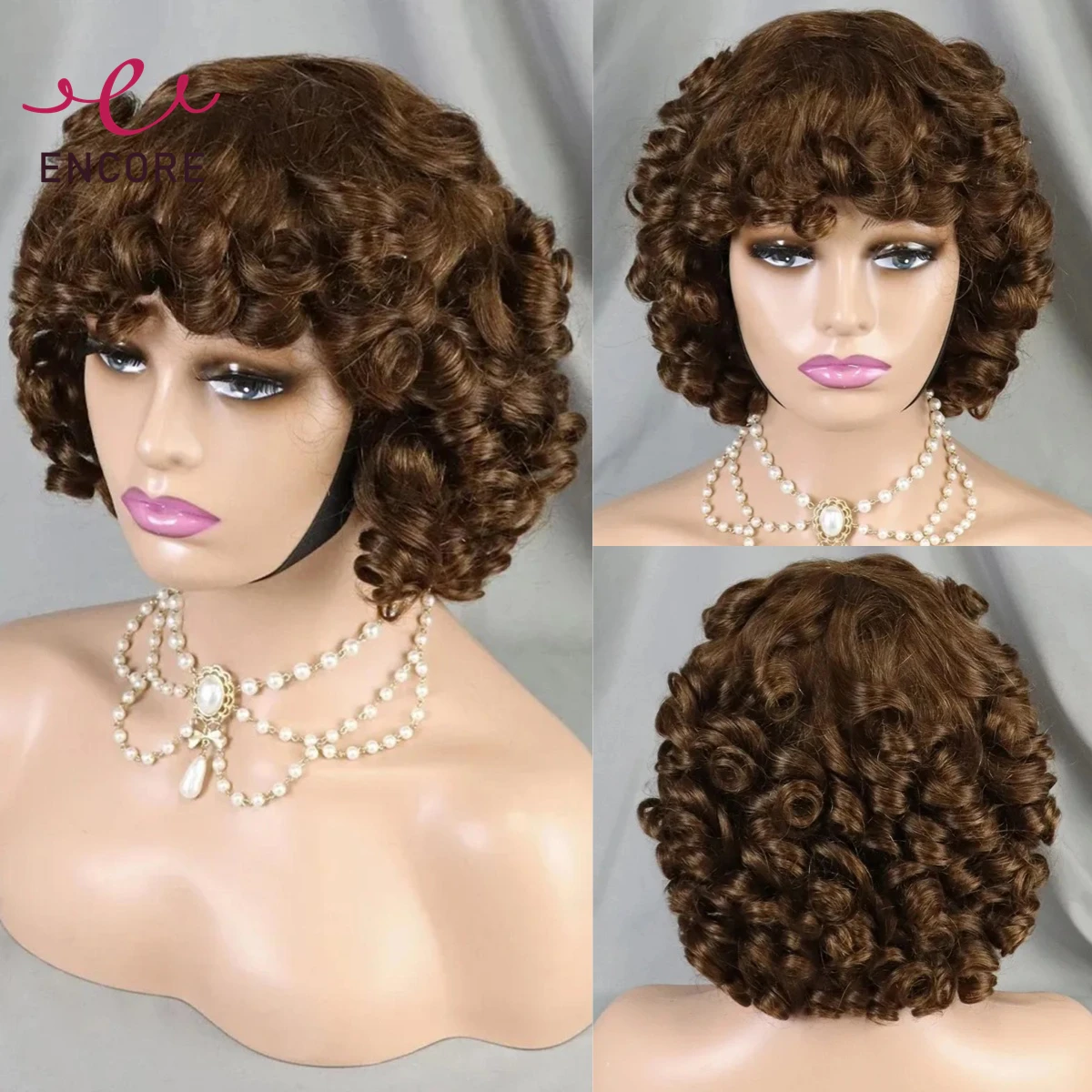 

6 Inch Machine Made Bob Wigs Remy Human Hair Wigs with Bangs Chocolate Brown 200% Density Bouncy Curly Hair Wigs for Black Women