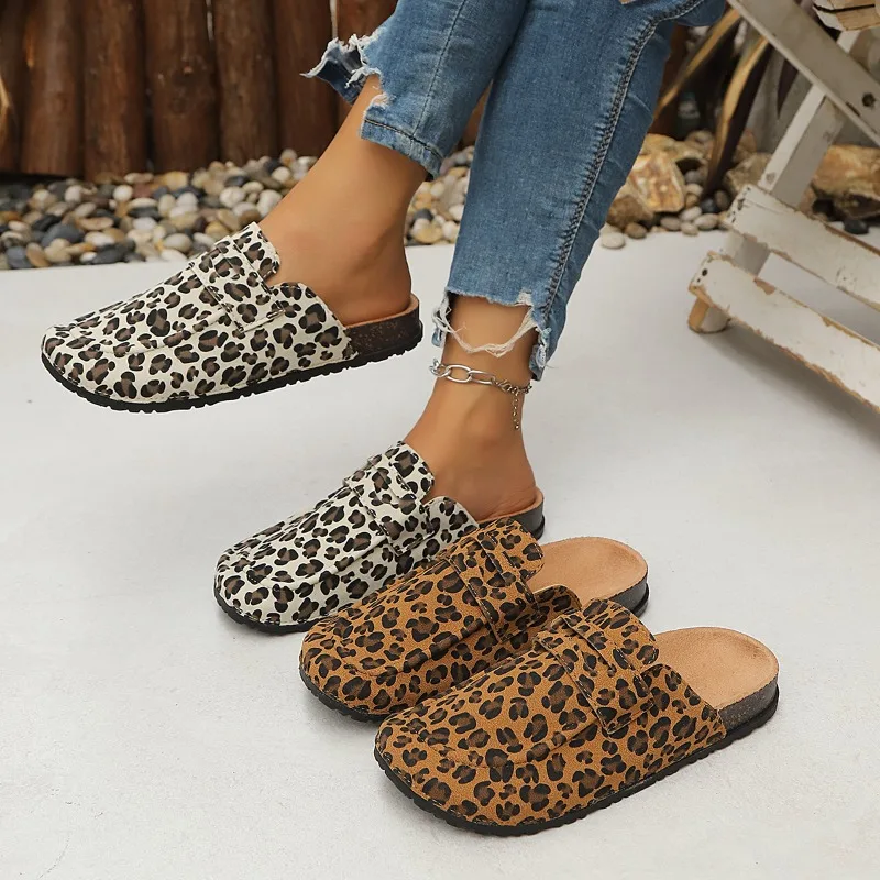 2026 Fashion Round Head Soft Sole Non Slip Comfortable Women Shoes Summer New Leopard Print Closed Toe Casual Women's Mules