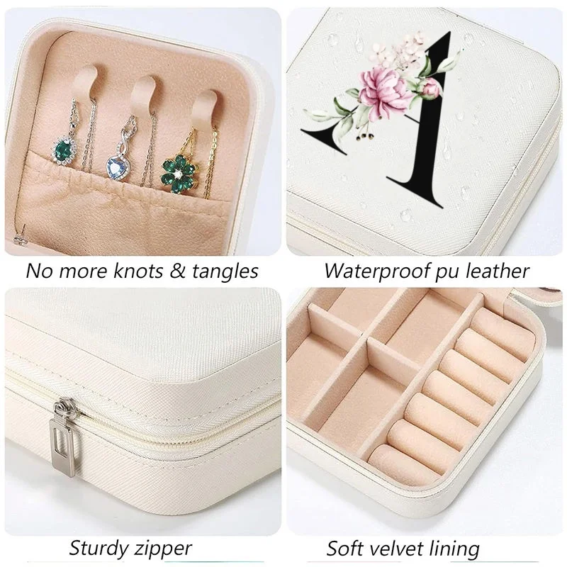 A Z Alphabet Print Beige Travel Jewelry Case Elegant Zipper Closure Storage Organizer For Rings Necklaces Bridal Bridesmaid Gift
