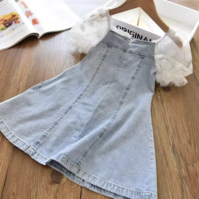 Children Girl Dress Fashion Lace Puff Sleeve Denim Kid Dress Elegant Pearl Princess Dress Baby Girl Clothes Casual Infant A1212