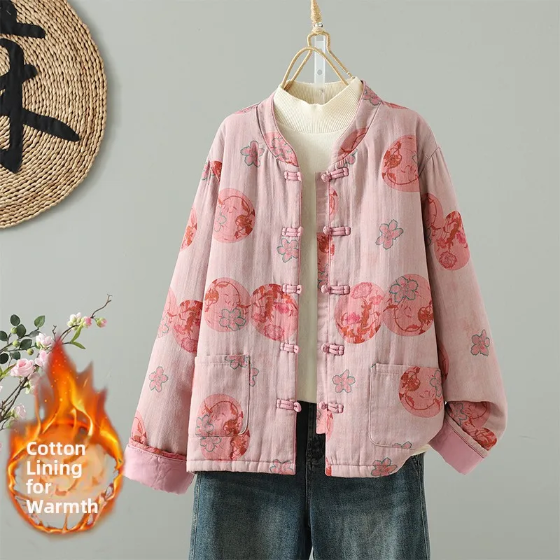 

Double-Sided Wear Cotton Linen Loose Fit round Ne Button-Up Traditional Chinese Sle Women's Jaet Coat Warm Fluffy Inner