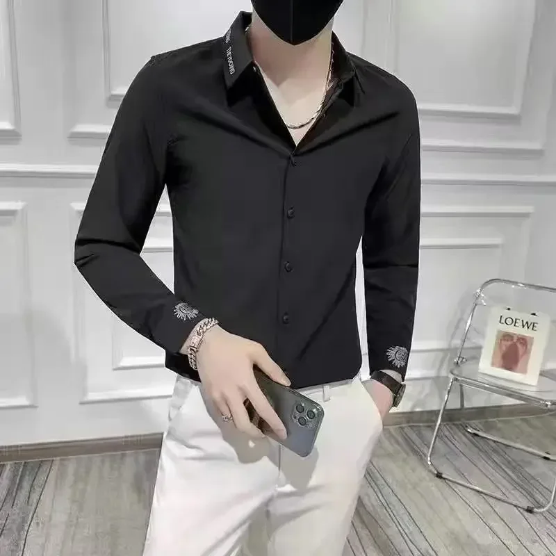 

Fashion Lapel Button Spliced Loose Embroidery Korean Shirts Men Clothing 2023 Spring New Casual Tops Long Sleeve All-match Shirt