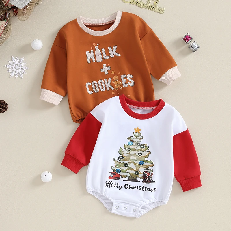 

2023-08-17 Lioraitiin 0-18M Baby Girls Boys Christmas Romper Long Sleeve Crew Neck Letters Tree Print Fall Jumpsuit Clothes