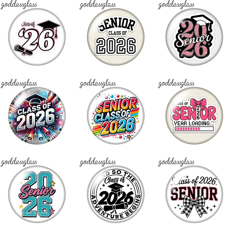 Celebrate graduated Senior 2026 10pcs 12mm/18mm/20mm/25mm Round photo glass cabochon flat back Making findings DIY snap buttons