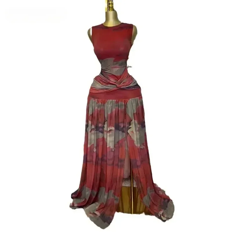 

Elegant Women Print Sleeveless Sweet O-neck Floor-Length Long Dress 2025 Beach Party Birthday Sexy Split Pleated Dresses