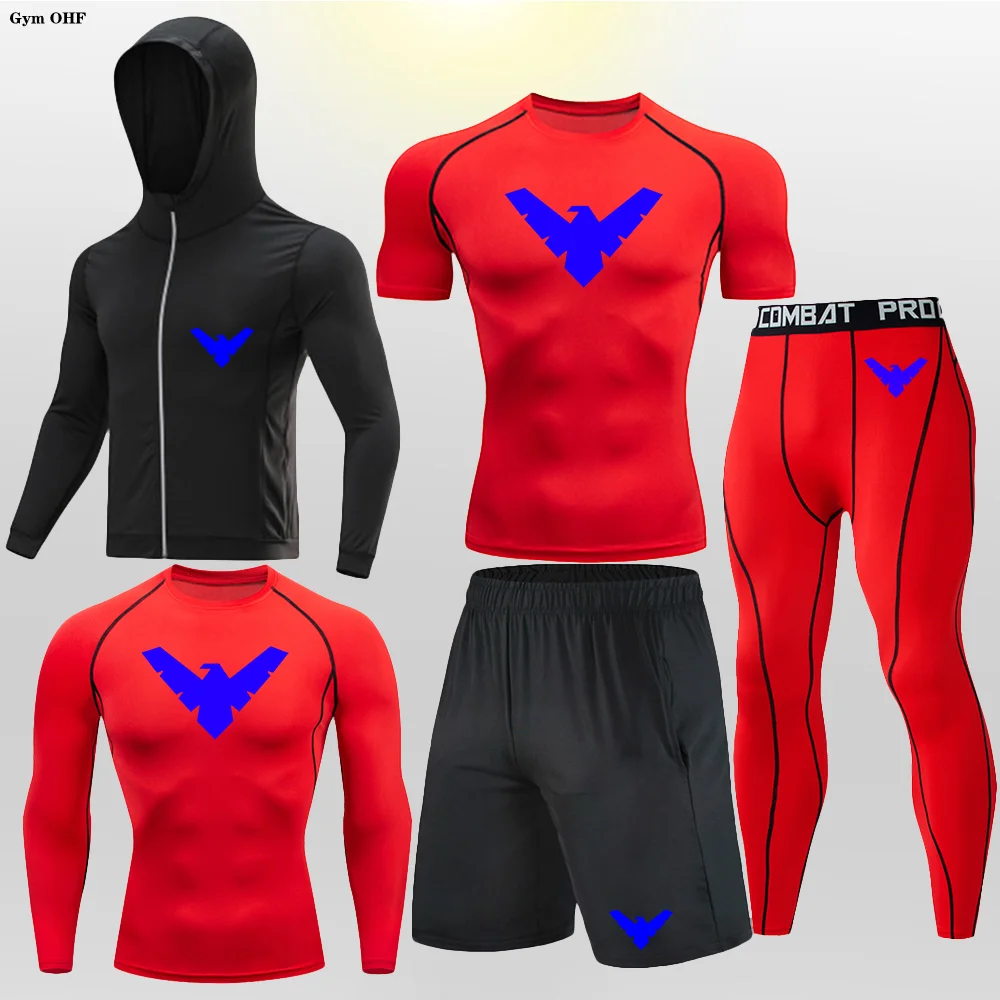 Nightwing Men Tracksuit T Shirts+Pants Suit Mens Long Sleeve Shirt Compression Sets Fitness Bodybuilding MMA Rashguard Sportsuit