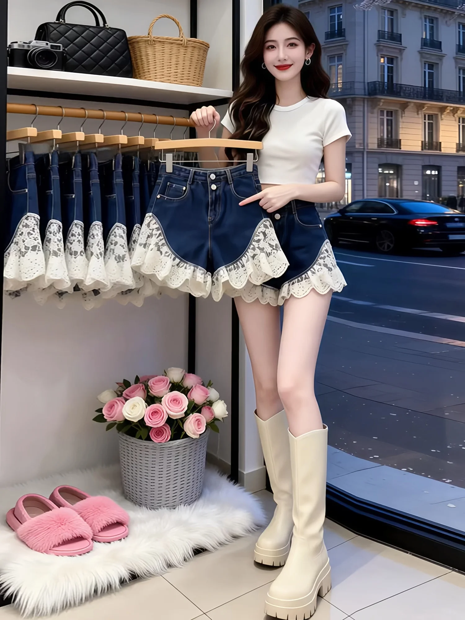 

High Waist Lace Trim A-Line Wide Leg Short Jeans Women's Casual Loose Slimming Summer New Style Blue Denim Shorts