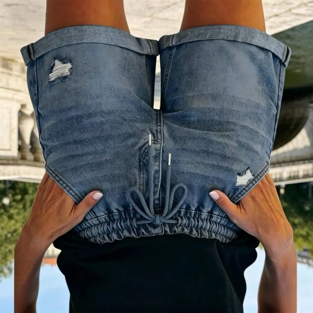 

Women Adjustable Drawstring Shorts High Rise Straight Leg Distressed Denim Shorts Summer Ripped Hot Shorts with Pockets