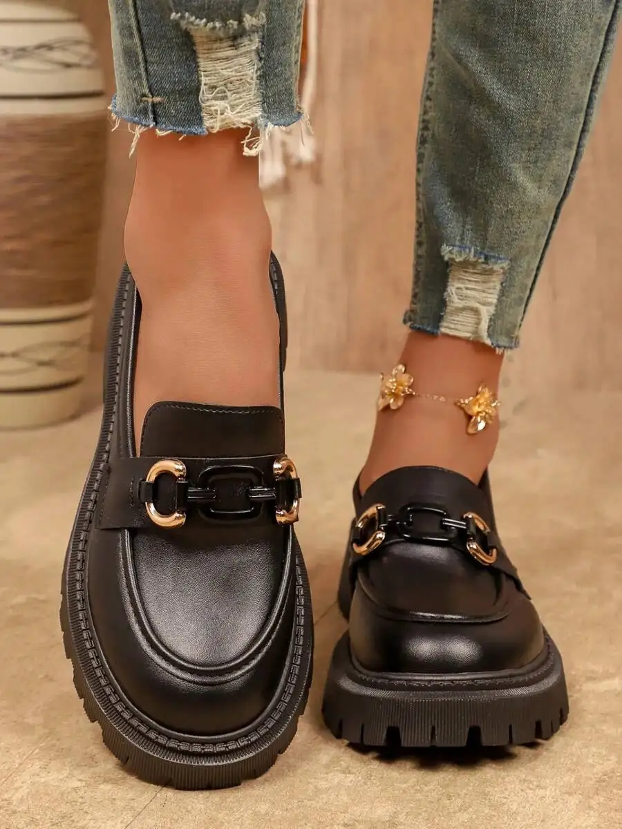 

Womens Thick Sole Loafers With Metal Buckle Classic British Style Casual Flats