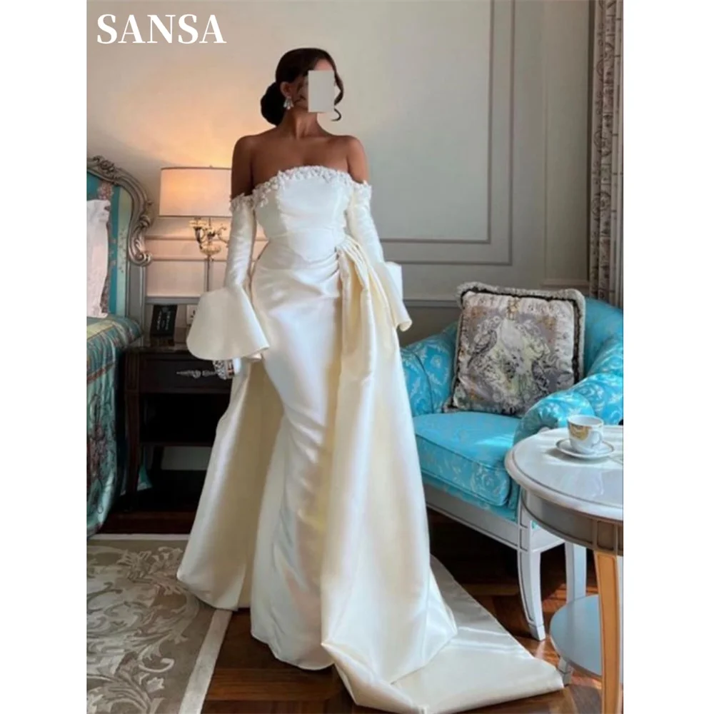 

Sansa Elegant Mermaid فساتين السهرة With Tail Luxury Handmade Vestidos De Noche Puffy Sleeve Satin Prom Dress فساتين سهره فاخره