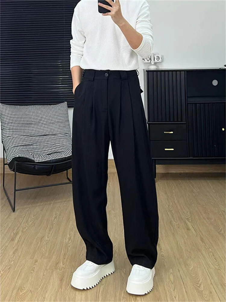 

Ele Bla Folded Design Men's Wide Leg Pants Ice Silk Thin Casual Suit Pants Spring Autumn Faionable Straight Cut Trousers