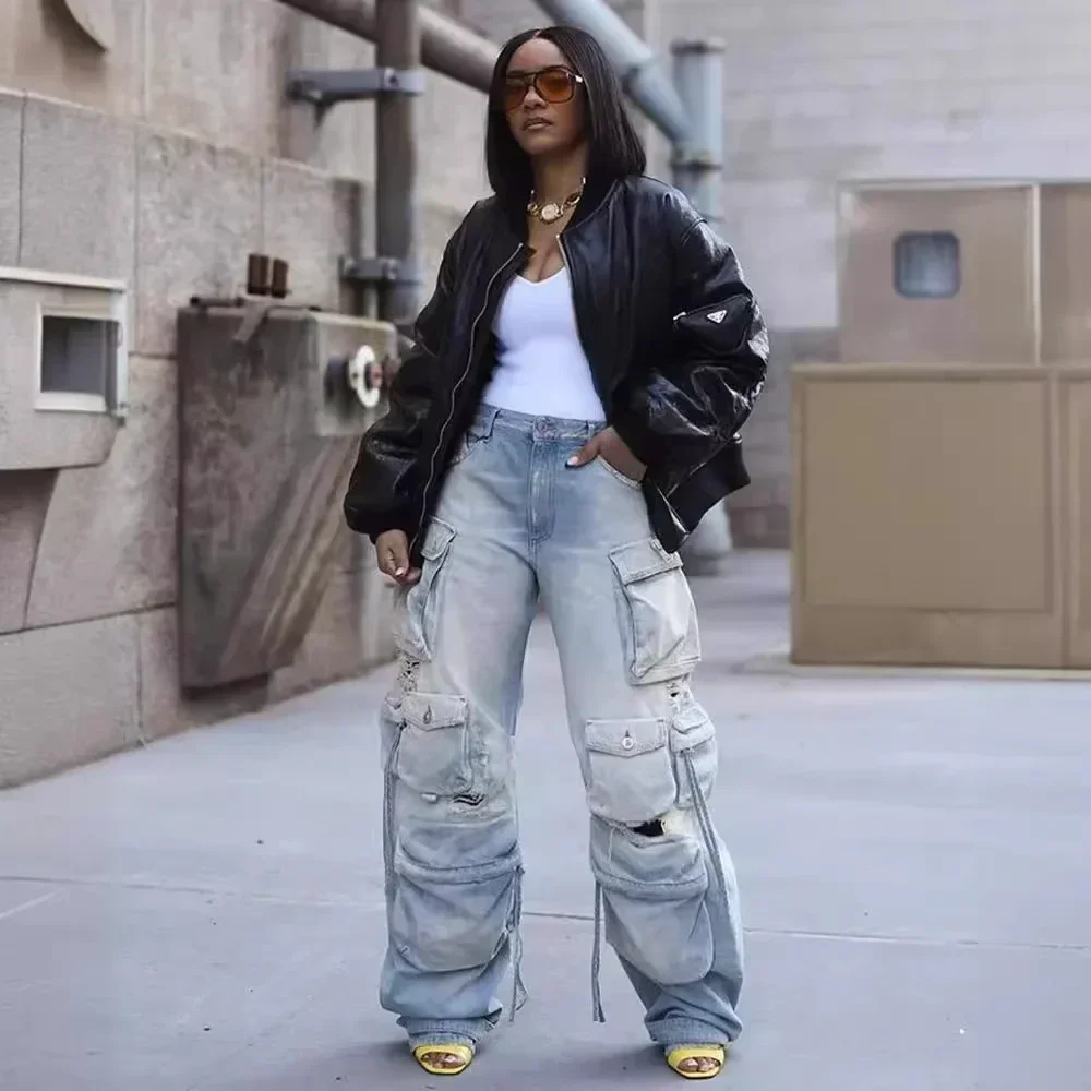 

Washed Cargo Pants Women Hole Distressed Jeans Vintage Pockets Mid Waist Trousers 2024 Autumn Female Casual Denims Streetwear