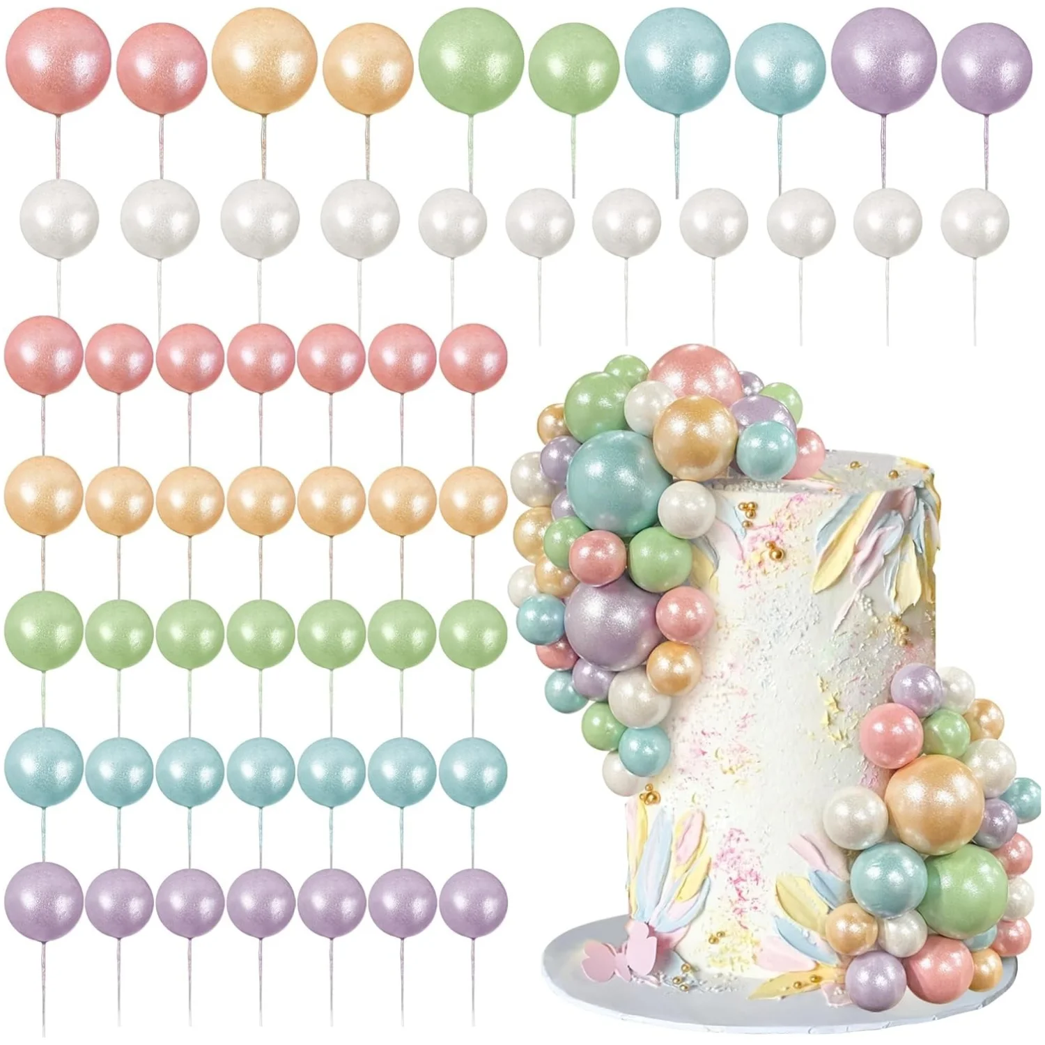 56 PCS Ball Cake Picks Colorful Ball Shaped Cake Topper Pearl Balls Cupcake Cake Insert Topper for Birthday Party Wedding Decor