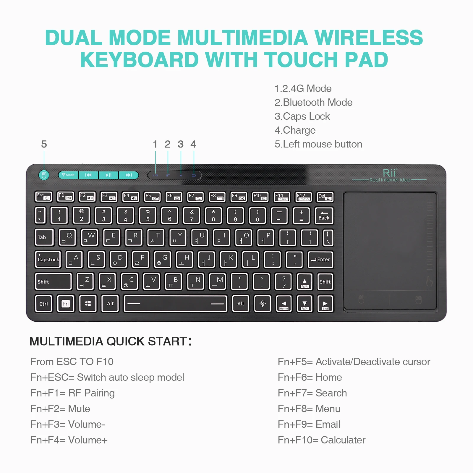 Rii K18S Mini Bluetooth Wireless 2-LED Color Backlit Multimedia Keyboard Mouse Rechargable Keyboard For Android TV Box /PC