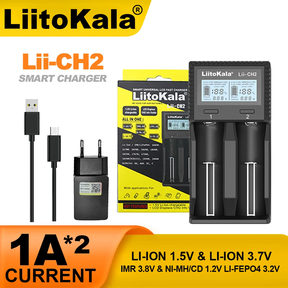 Liitokala-carregador inteligente lii-ch2, para bateria de lítio recarregável, 1.5v, aa, aaa, aaa, li-ion, 1.2v, 3.2v, 3.7v