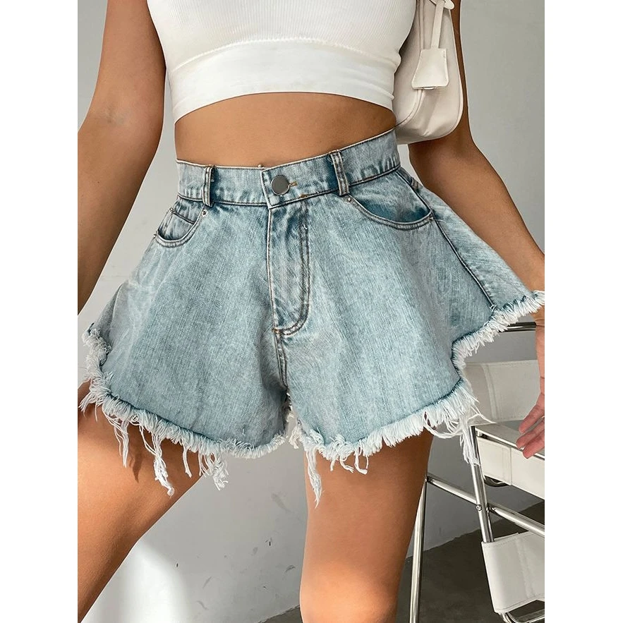 

High Waist Denim orts Women's Ripped Fringed Loose Fit Cross-Border 2024 New Sle Commute Sle No Brand Registered Trademark