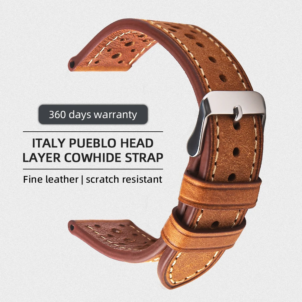 Handmade Head Layer Cowhide Leather Strap Italian Genuine Leather 18 19 20 21 22MM Breathable Hole Design Men Bracelet Vintag