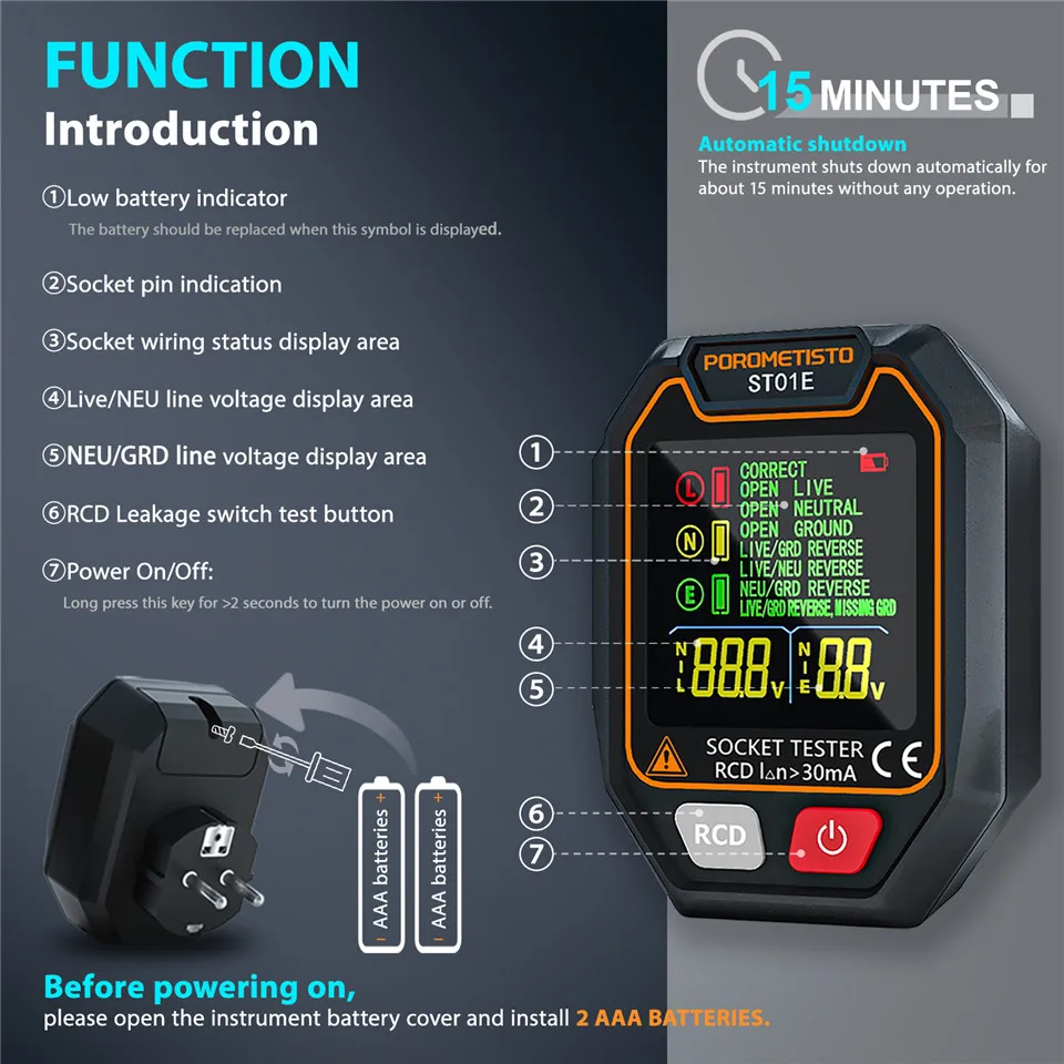 ST01 Socket Tester Pro Voltage Test LCD Digital Outlet Socket Detect US/UK/EU Plug Ground Zero Line Plug Polarity Phase Check