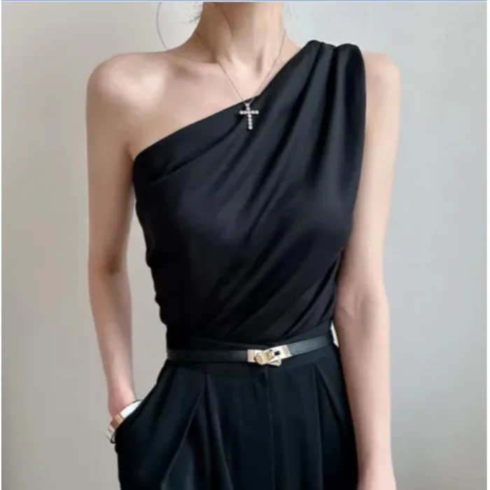 

Корейская стильная женская футболка без рукавов, модный дизайн, приталенная, с отворотами на плечах, двусторонняя, для весны, осени, зимы, повседневная