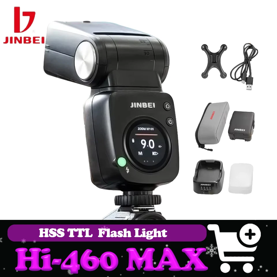 Jinbei hi460max speedlite tela de toque hd inteligência câmera flash gn48 ttl hss sapata universal wirelss flash