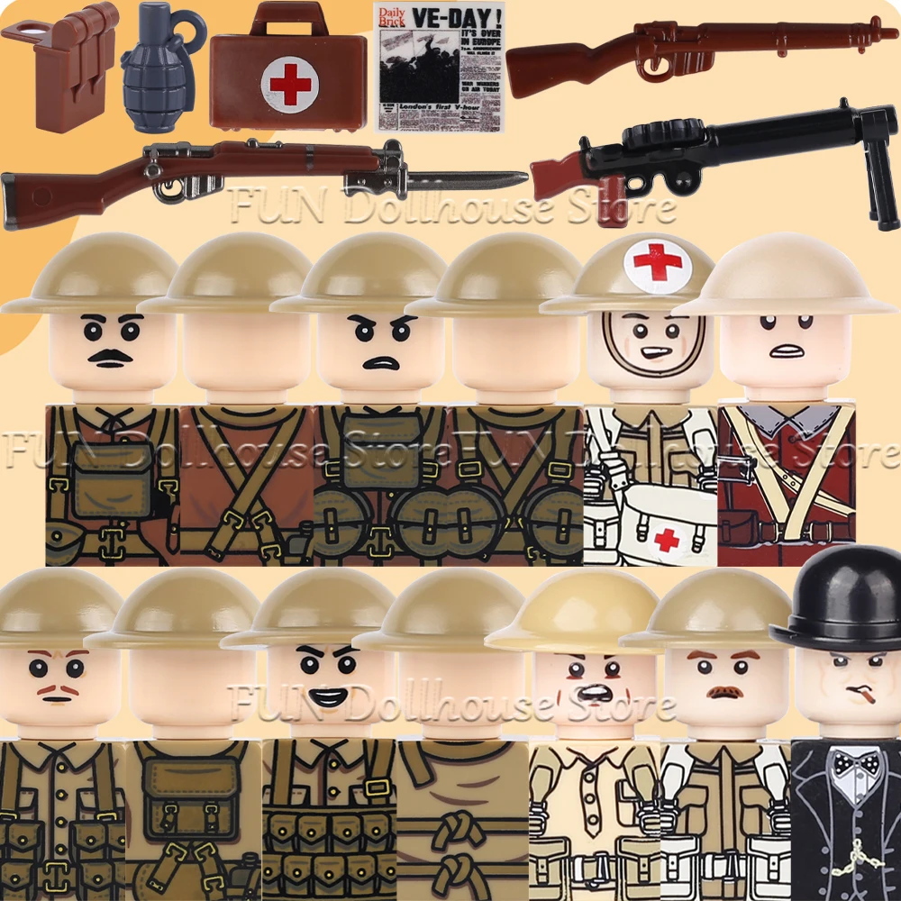 Bloques de Construcción Militares del Primer Ministro Británico de la Primera Guerra Mundial, Figuras de Soldados Médicos del Ejército de la Segunda Guerra Mundial, Accesorios, Lanzamisiles, Granadas, Ladrillos de Juguete