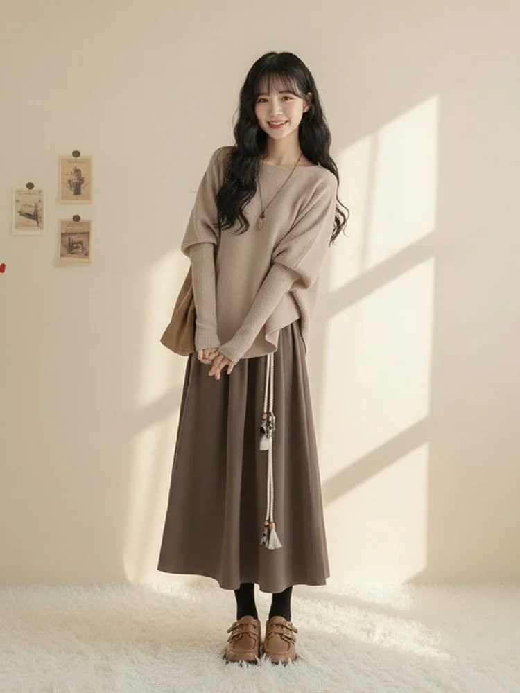 Ladies Casual Style Knitted Sweater And Slimming High Waist Skirt Two Piece Set for Autumn Winter Comfortable Loose Fit Ensemble