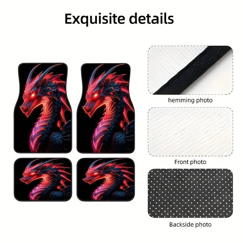 4Pcs Car Floor Mat, Neon Glowing Red Black Dragon Print, Fantasy Style Auto Floor Mats