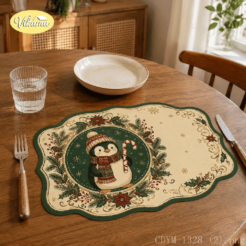 VIKAMA Christmas Placemat Penguin Family Holiday Print, Waterproof Oil-Proof Heat-Resistant Festive Table Mat for Home