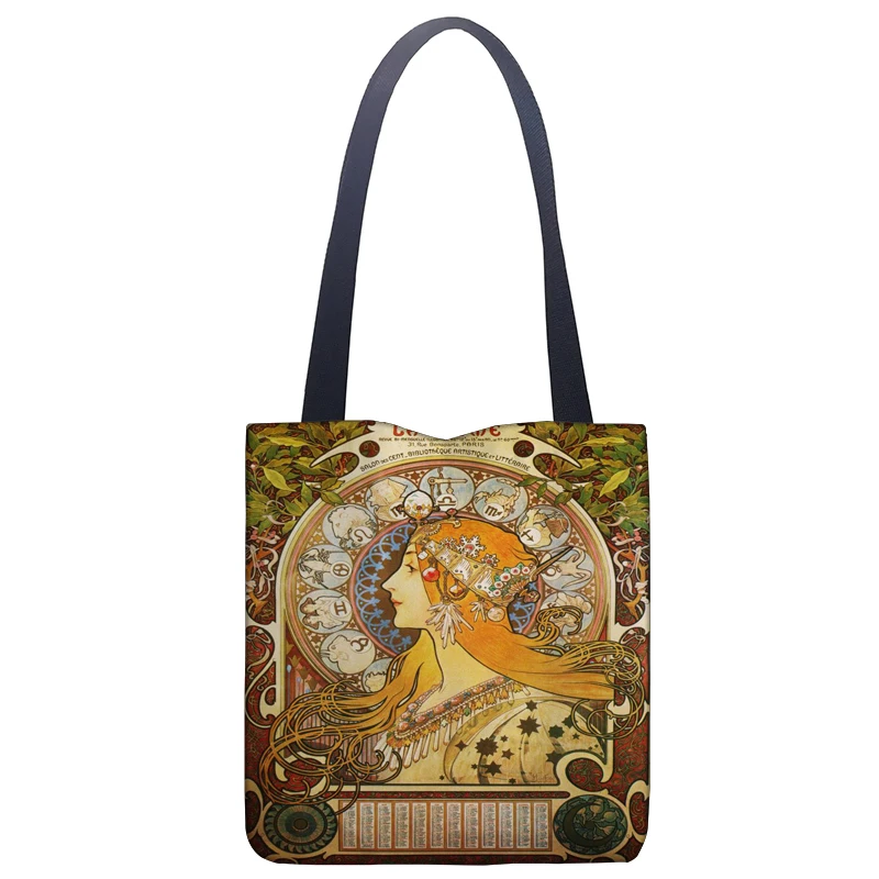 New Tote Bags Alphonse Mucha Art Printed Linen Fabric Eco Handbag High Capacity Shopping Office Reusable Casual Shoulder Bag