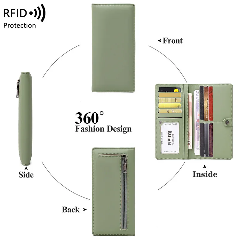 محفظة رفيعة للغاية تحجب Rfid للنساء، حقيبة بطاقات الائتمان متعددة البطاقات، متعددة الوظائف، مشبك بسحاب، محفظة عصرية طويلة