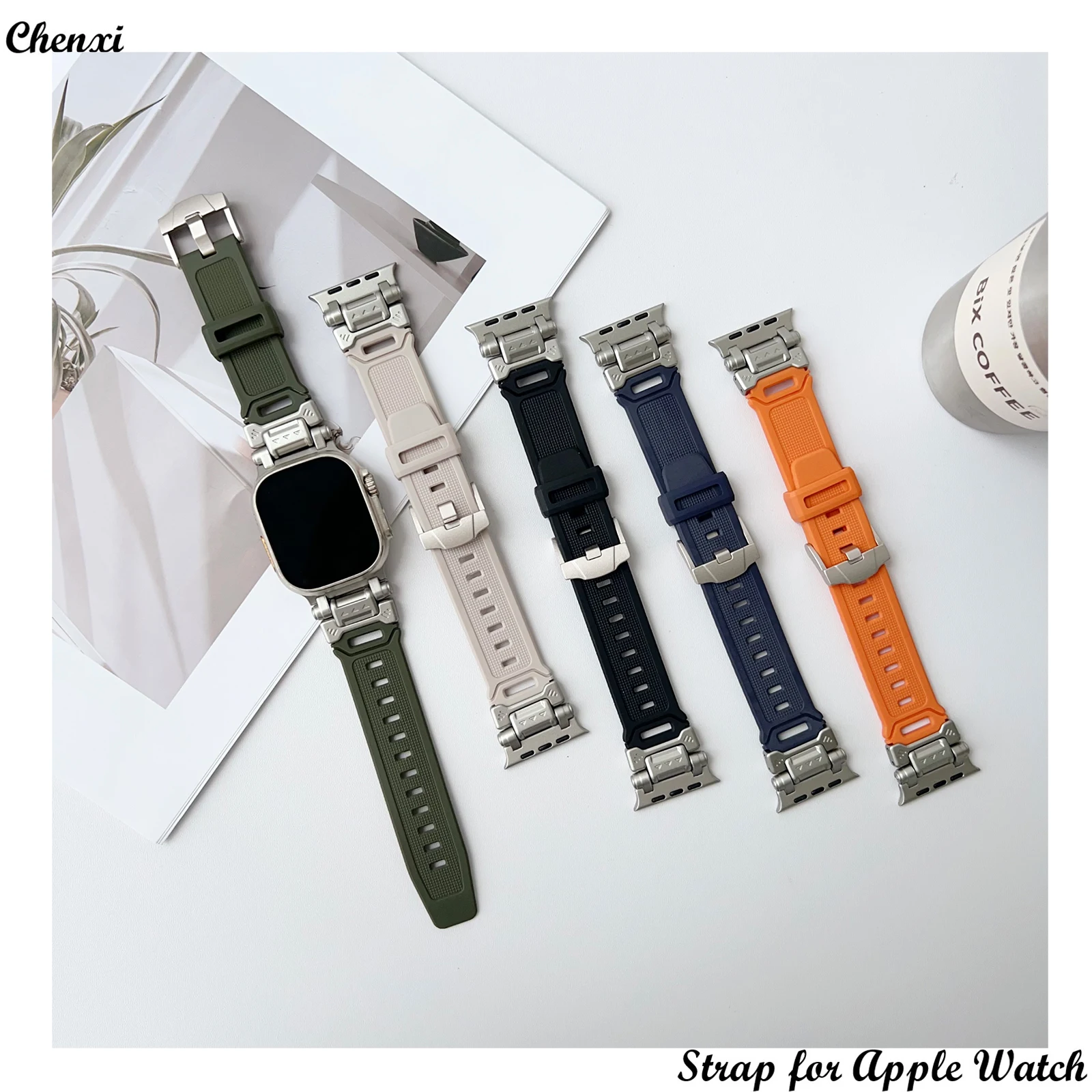 TPU Strap for Apple Watch Band Boys Stainless Armor Bracelet for Iwatch42 44 45 49mm Men Metal Belt for Series98765 Mecha Wrist