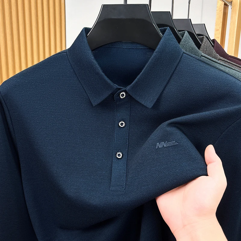 Klassisches Herren-Poloshirt für den Herbst in Unifarbe, aus Baumwolle, weich, langärmelig, mit Kragen, bequemes Freizeit-T-Shirt für Herren. – Detail 6
