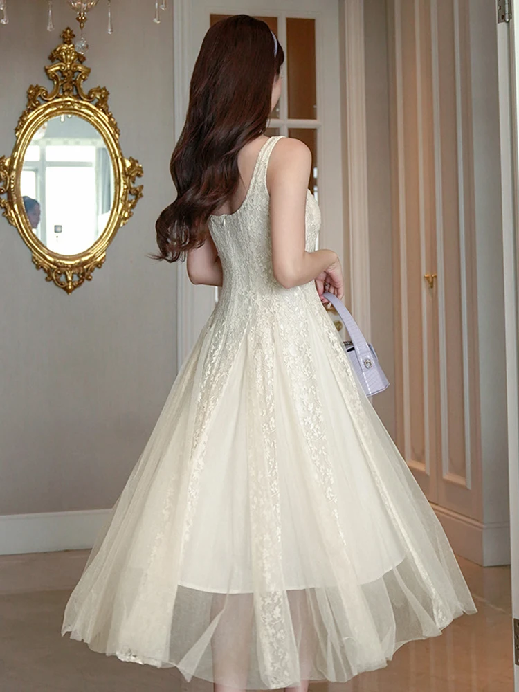 Neue frauen Spitze Tüll Saum Sling Schlank Maxi Kleid Elegante Formale Party Abendkleid Robe Dame Kleidung Süße Vestidos Fiesta urlaub