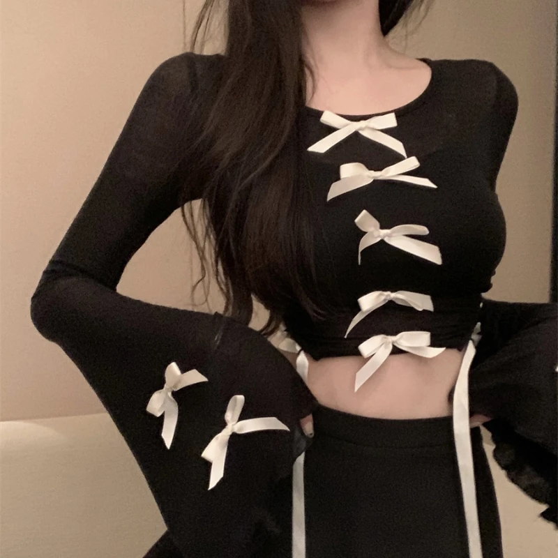 Bow T-shirt Women Autumn New Arrival O-neck Slimming Flared Sleeve Long Sleeve Short Tops Korean Style Hotsweet Female Tops