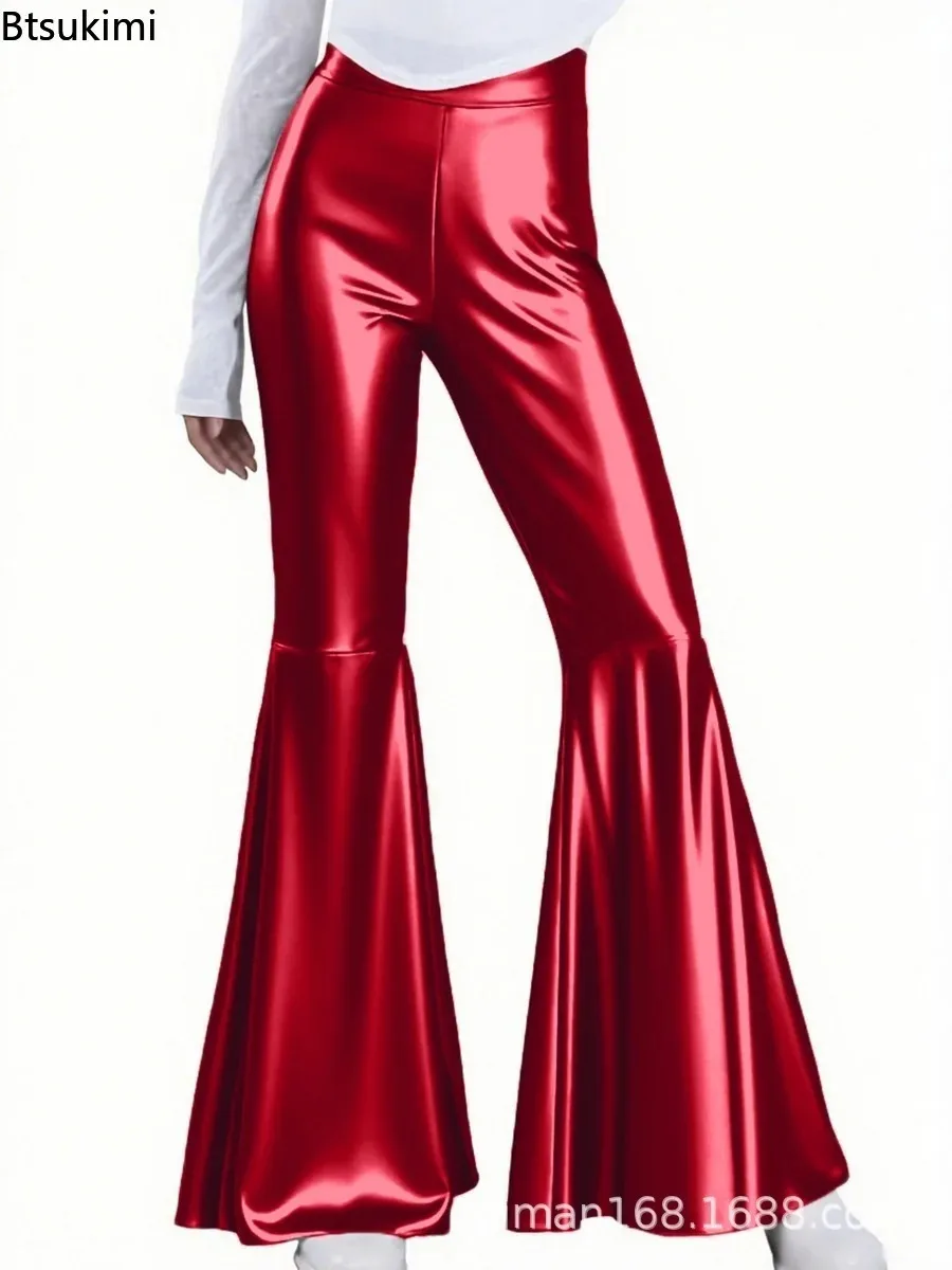 Women's New Sequin Flared Pants High Waist Shiny Disco Party Trouser Loose Fit Dance Club Stretchy Bell Bottom Wide Leg Trousers